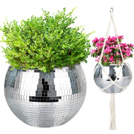 FGBNM Disco Ball Planter, 1pcs 10” Silver Disco Ball Planter, Disco Ball Plant Hanger with Hanging Rope, Hanging Chain, Hook, Circle and Extra Mirror Pieces(10" Silver, 1pcs)