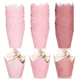 Whaline 180Pcs Dusty Pink Tulip Cupcake Liners Greaseproof Muffin Baking Liners Pink Tulip Cupcake Wrappers Baking Cup for Bridal Baby Shower Wedding Birthday Party Decor