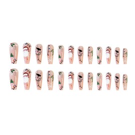 Christmas Press on Nails Long French Tip Acrylic Nails Cute Santa Claus Elk Design False Nails Artificial Fake Nails Full Cover Coffin Nails Winter Xmas Nail Art Decorations Glue on Nails for Women