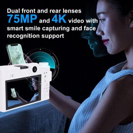 Generic Digital Camera, 4K Digital Camera for Photography, 75MP HD Dual Lens, WiFi 18x Digital Zoom, Mirrorless Camera with 3 Inch Screen Flashlight for Content Creators for Travel (White)