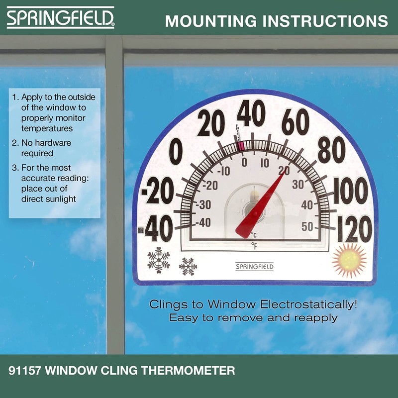 Springfield Static Cling Indoor Outdoor Thermometer, Temperature Gauge for Patio,