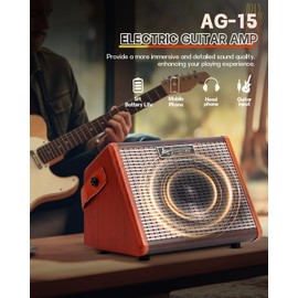 Leo Jaymz 15W Portable Electric Guitar Amp with BT, Rechargeable Battery, Built-in Effects Reverb, Overdrive, EQ, Woodgrain Finish, and 6.35mm Headphone Jack (AG-15)