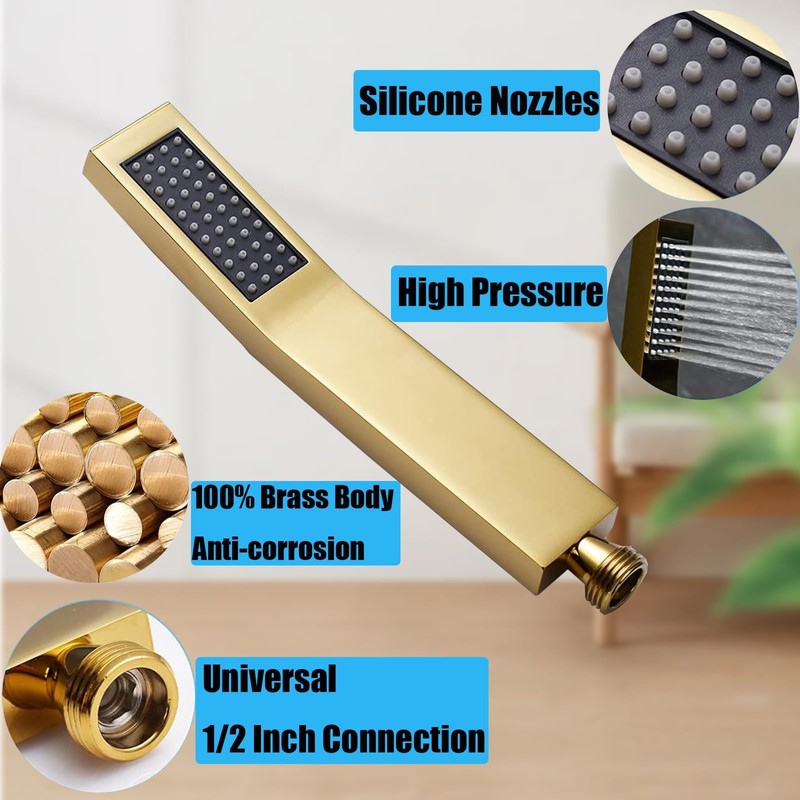 Bathroom Handheld Shower Wand, Hand Brass Shower Head with Long