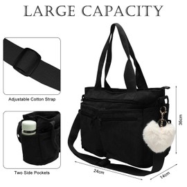 TNSLAND Cord Handbag Women's Large Handbag Corduroy Shoulder Bag Women's Zip Shopper Bag Tote Bag Women's Cord Bag Bag for Everyday, Office, School Trip and Shopping, Black