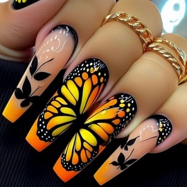 Butterfly Press on Nails Long Coffin Fake Nails Summer Glossy Acrylic Nails Cute False Nails Full Cover Stick on Nails for Women Reusable Press on Nail Kit with Nail Glue Adhesive Tabs 24Pcs