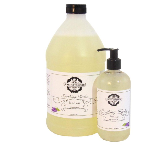 Rustic Strength Liquid Hand Soap, Soothing Herbs, 12oz countertop with 64oz refill
