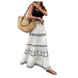 SOLY HUX Women's Boho Maxi Skirt Tie Front High Waisted A Line Ruffle Hem Flowy Long Summer Skirts Multicoloured Tribal Small