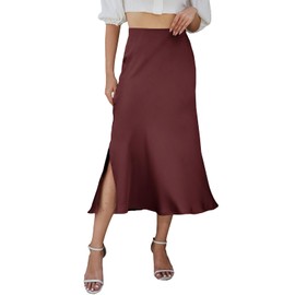 HERBATOMIA Women’s Midi Satin Side Slit Skirt High Elastic Waisted Burgundy Fishtail Elegant Solid Summer2025 Skirts for Women