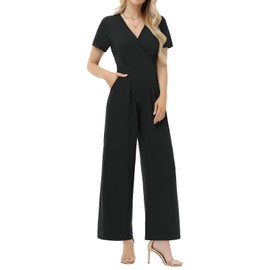 Tanmolo Women's Jumpsuit Elegant Summer Short Sleeve V-Neck Jumpsuit Wide Leg Romper with Pockets, Black-XF128