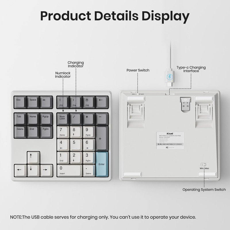 Kisnt Wireless Number Pad, Hot Swappable Mechanical Numpad,34 Keys 2.4GHz
