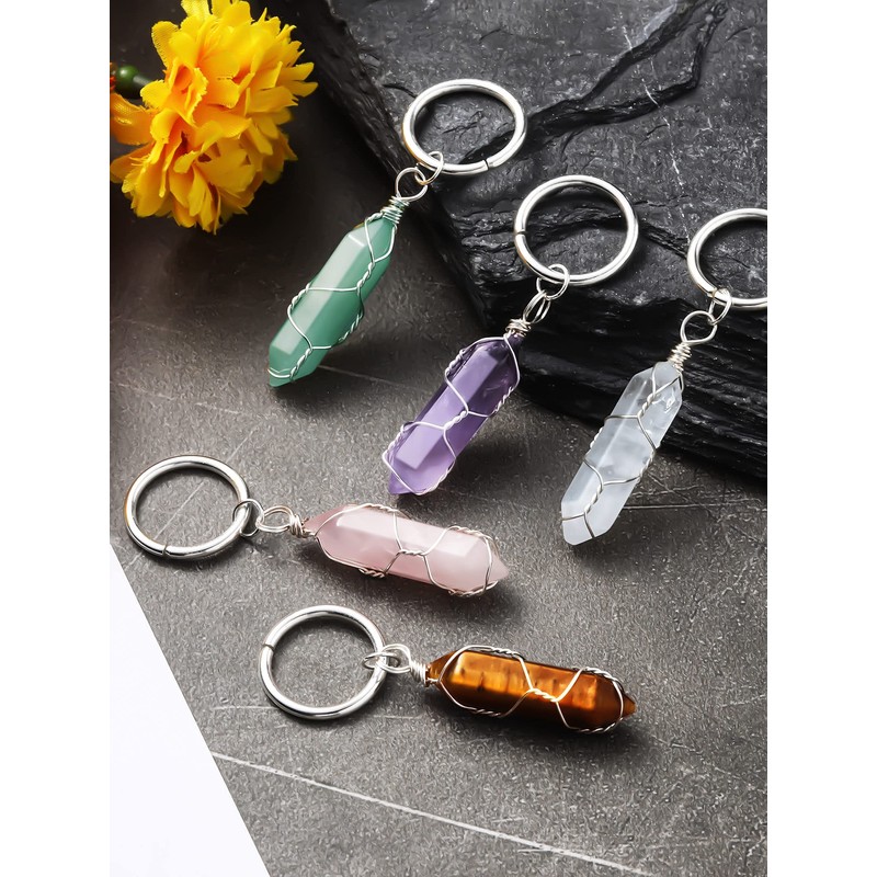 Sureio 5 Pieces Multicolor Crystals Stone Keychain Wire Wrapped Stones