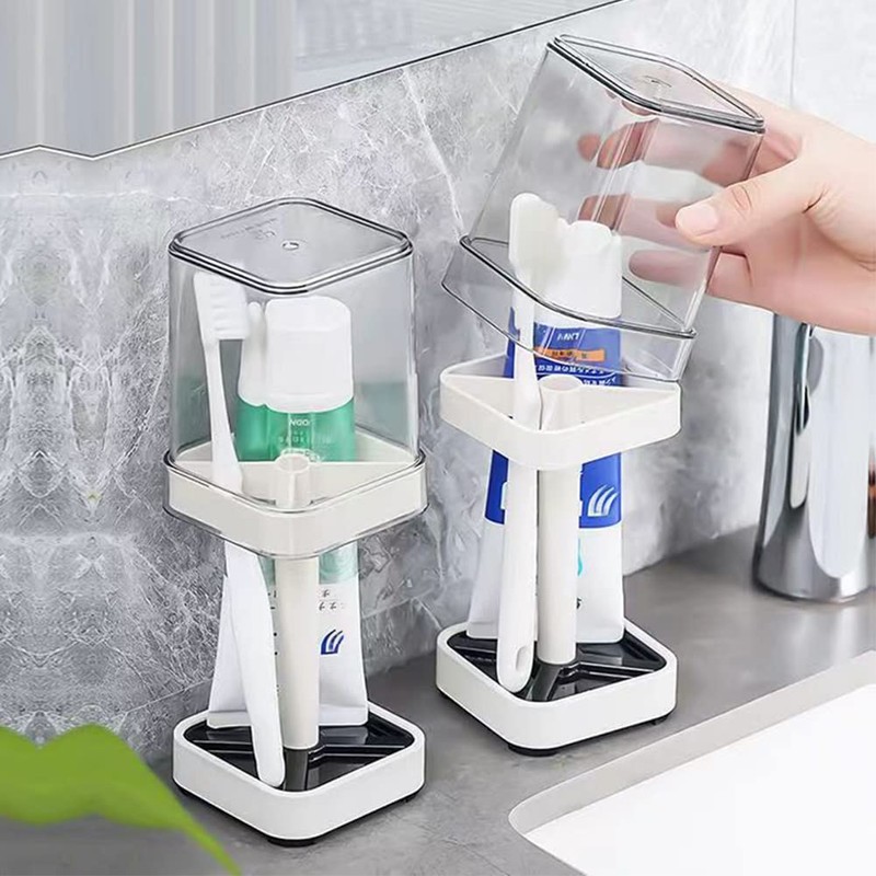 Toothbrush Holder with Cup/Cover Contains 3 Slots, Compatible with Conventional