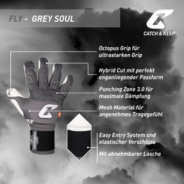 CATCH & KEEP Fly Grey Soul Men's Goalkeeper Gloves, Size 7, Professional Goalkeeper Gloves, Thumb Support & Thicker Wrist Support