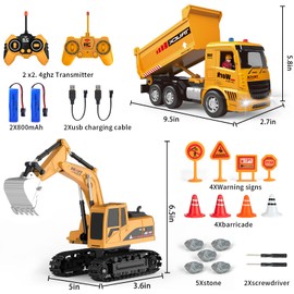 Remote Control Excavator and Dump Truck Toy Set - RC Construction Vehicles Toy with Barricades, Road Signs, Simulated Rocks, Lights and Sounds, Present for Toddlers 3-12 year Boys Girls
