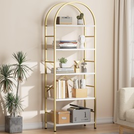 Shintenchi Bookshelf, Arched Bookshelf 5 Tier Bookcase, Tall Bookcase Shelf for CDs/Books, Home Office Bookcase Shelf Storage Organizer, Modern Book Shelf for Bedroom/Living Room, Gold