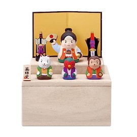 Yakushi Kiln Japanese Doll Tango no Sekku Mini Compact Palm Size Pottery Nishiki Momotaro (Includes Storage Paulownia Box Stand)