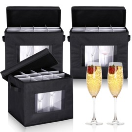 Norme 3 Pcs Champagne Flute Storage Box with Dividers, 12 Compartments Storage Box with Lid Handle Window China Cup Containers Holder for Moving(Black)