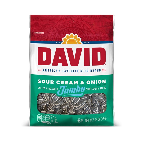 DAVID Sour Cream & Onion Jumbo Sunflower Seeds, Keto Friendly, 5.25-oz. Resealable Bag