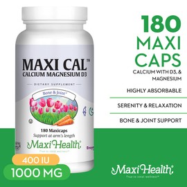 Calcium 1000 mg Supplement with Vitamin D3 (1000 IU) and Magnesium (500 mg) - Bone, Teeth and Joint Support for Men and Women - 180 Capsules - Maxi Cal by Maxi Health