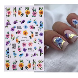 Flower Nail Stickers Spring Nail Art Stickers Classical Floral Nail Decals Blue Pink Flowers Nails Design Sticker 3D Self-Adhesive Nails Art Supplies DIY Finger Accessories for Women Manicure 6Pcs
