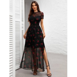 GothDark Women's Mesh Dress Short Sleeve Round Collar Floral Print Waist-Cinched Maxi Summer Casual Dresses