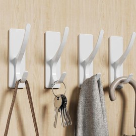 White Self Adhesive Coat Hooks for Hanging, Heavy Duty Stainless Double Wall Hook for Towel, Backpack, Hat, Sturdy Metal Hanger for Bathroom, Bedroom, Door, Wall Mounted, 4-Pack