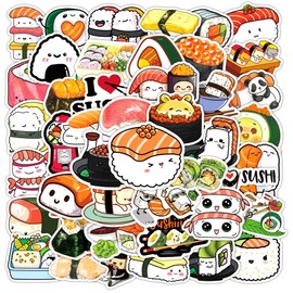 50pcs Cute Sushi Stickers for Kids, Kawaii Food Stickers for Water Bottle, Vinyl Sushi Decals for Laptop Scrapbook Journal Skateboard Party Favors
