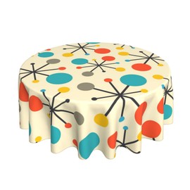 Mid Century Fifties Modern Atomic Retro Colors Tablecloth Washable Waterproof Round 60" Yellow Table Cloth for Parties Picnic Bbqs Kitchen Dining Room Decor Outdoor Indoor Table Covers