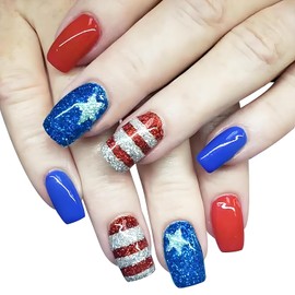 4th of July Press on Nails Medium Coffin Red Blue Fake Nails with Glitter Designs Independence Day False Nails Glue on Nails Reusable America Patriotic Acrylic Nails for Women Girls Manicure Art 24pcs