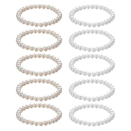 Nzexlyva 10 Pcs Pearl Bracelets, Faux White Pearl Bracelets for Women, Pearls Stretch Elastic Bracelet for Bridesmaids Bridal Wedding Lady Prom Party Jewelry Gift (White and Off-White)