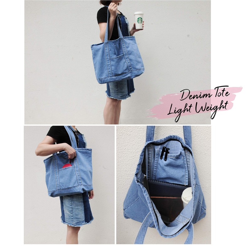 Hoxis Casual Denim Tote Bag with Zipper, A4 Large Capacity,
