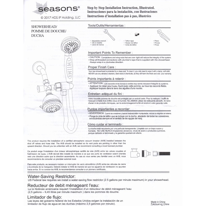 Seasons 534892 Fixed & Handheld Showerhead Design Combo w solid