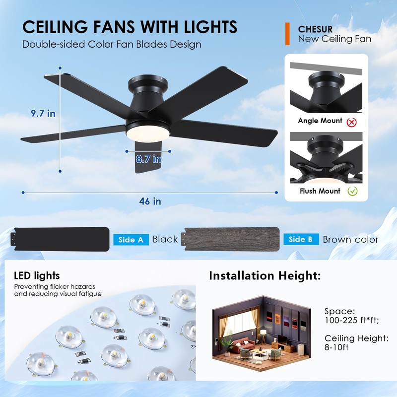 CHESUR 46" Black Flush Mount Ceiling Fans - Low Profile