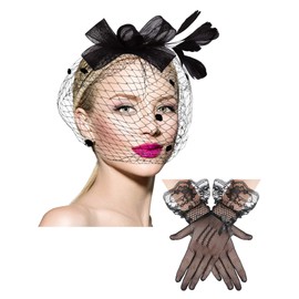 SATINIOR 50s Fascinators for Women Funeral Veil Hat Tea Party Hat and Gloves Pillbox Cocktail Hat(Black,Retro Style)