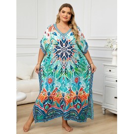 Plus Size Beach Kaftan Dresses for Women Print V-Neck Long Swimsuit Cover Ups