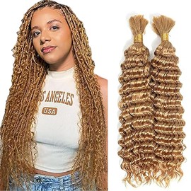 WuvuSnm Human Hair Braiding Deep Wave Boho Braids Bulk Hair Weave Natural Extensions No Weft Honey Blonde Color 2 Braids Per Pack Total 100 g for Women 28 28 Inch