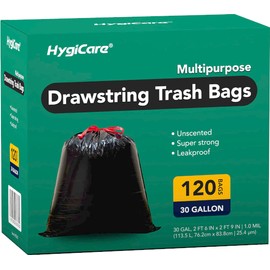 HygiCare Drawstring Trash Bags, 30 Gallon, 120 Count, Heavy Duty, Super Strong, Leakproof, Unscented, Made from Eco-friendly Materials