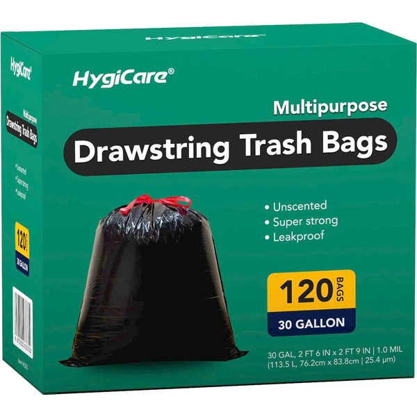 HygiCare Drawstring Trash Bags, 30 Gallon, 120 Count, Heavy Duty,