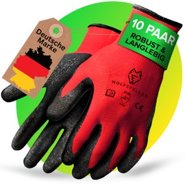 WOLFSFELLER WOLFSFELLER 10 Paar robuste & komfortable Handschuhe Arbeitshandschuhe Herren Gr 8 - Arbeitshandschuhe Damen - Gartenhandschuhe Herren - Mechaniker Handschuhe Herren mit Latex Beschichtung