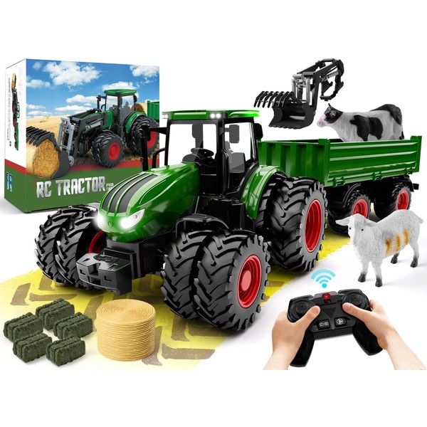 Remote Control Tractor Toy, Kids RC Tractor Set & Truck and Trailer Front Loader - Metal Car Head/8 Wheel/ Light, Toddlers Farm Vehicle Toys for 3 4 5 6 7 8 9 Year Old Boys Christmas Birthday Gift