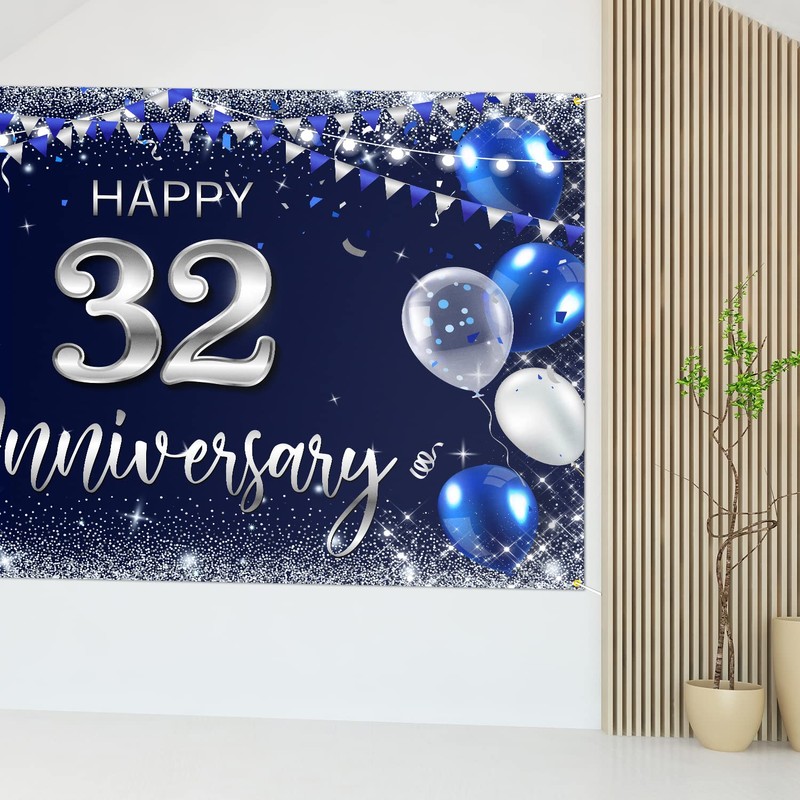 Happy 32nd Anniversary Backdrop Banner Decor Navy Blue – Silver