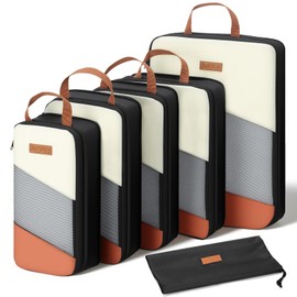 Lekespring Kompression Koffer Organizer Set für Damen, Netzfenster 6 Teilige Packing Cubes Packwürfel Compression, Kofferorganizer Packtaschen für Rucksack & Koffer, Travel Reise Organizer,Beige+Braun