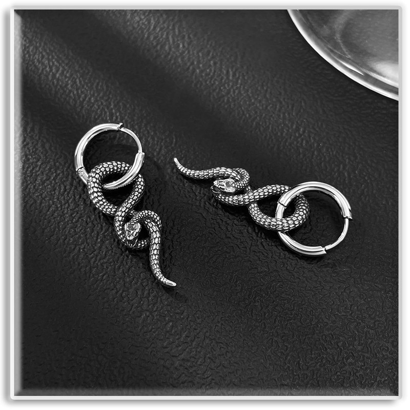 Xusamss Gothic Stainless Steel Snake Dangle Hoop Earrings for Women(White)
