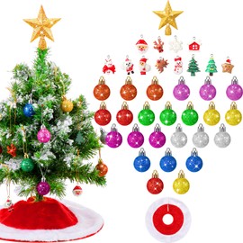 38 Pieces Mini Christmas Tree Skirt Mini Christmas Tree Set Mini Christmas Ball Ornaments Multicolor Glitter Ball Ornaments Mini Resin Christmas Ornaments for Miniature Xmas Tree Decor (Golden Star)