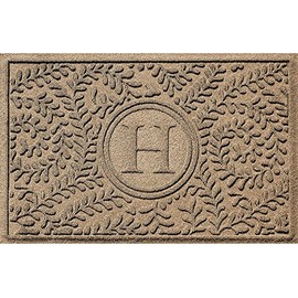 Bungalow Flooring Monogrammed Waterhog Door Mat, 2' x 3', Made in USA, Customizable Decorative Floor Covering, Skid Resistant, Indoor/Outdoor, Water-Trapping, Boxwood Collection, Khaki/Camel