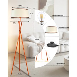 Lightdot 66IN Tripod Floor Lamp with Oval Lampshade,Tall Standing Lamps with E26 Bulb Included& Fabric Shade, Modern Mid Century Vintage Floor Lamp for Living Room, Bedroom, Home Office-Orange