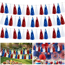 Morofme Red White Blue Foil Fringe Garland 45pcs Patriotic Tassel Banner 4th of July Metallic Tinsel Streamers for Independence Day Memorial Day Parade Floats Wall & Outdoor Party Decor
