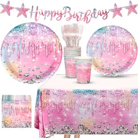 Iridescent Diamond Birthday Party Decorations, Disposable Plates, Napkin, Fork, Cup, Tablecloth, Banner for Iridescent Diamond Party Supplies Serves 24
