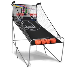 Giantex Foldable Basketball Arcade Game, 8 Game Options, Electronic Double Shot 2 Player w/ 4 Balls and LED Scoring System, Indoor Basketball Game for Kids, Adults, Black & Silver