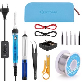 OneAmg Soldering Iron Set, Soldering Iron Kit, Soldering Set, 60 W, Digital Soldering Station, Temperature Adjustable and On/Off Switch, Soldering Iron Kit, 220 V with 5 Soldering Tips, Desoldering Pump, Soldering Iron Stand, Tweezers